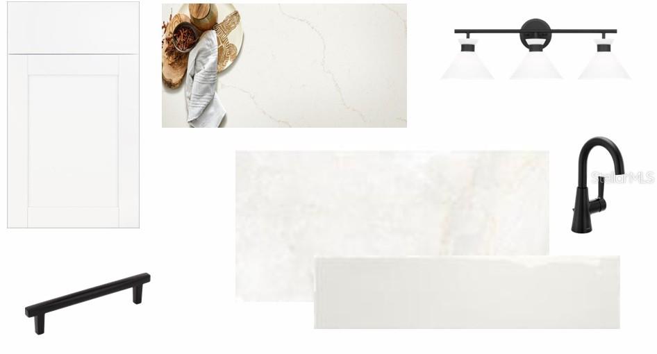 This is a digital design board featuring white cabinets, quartz countertops, black fixtures, and tile — 17793 BLUE HESPHER DRIVE, VENICE, FL