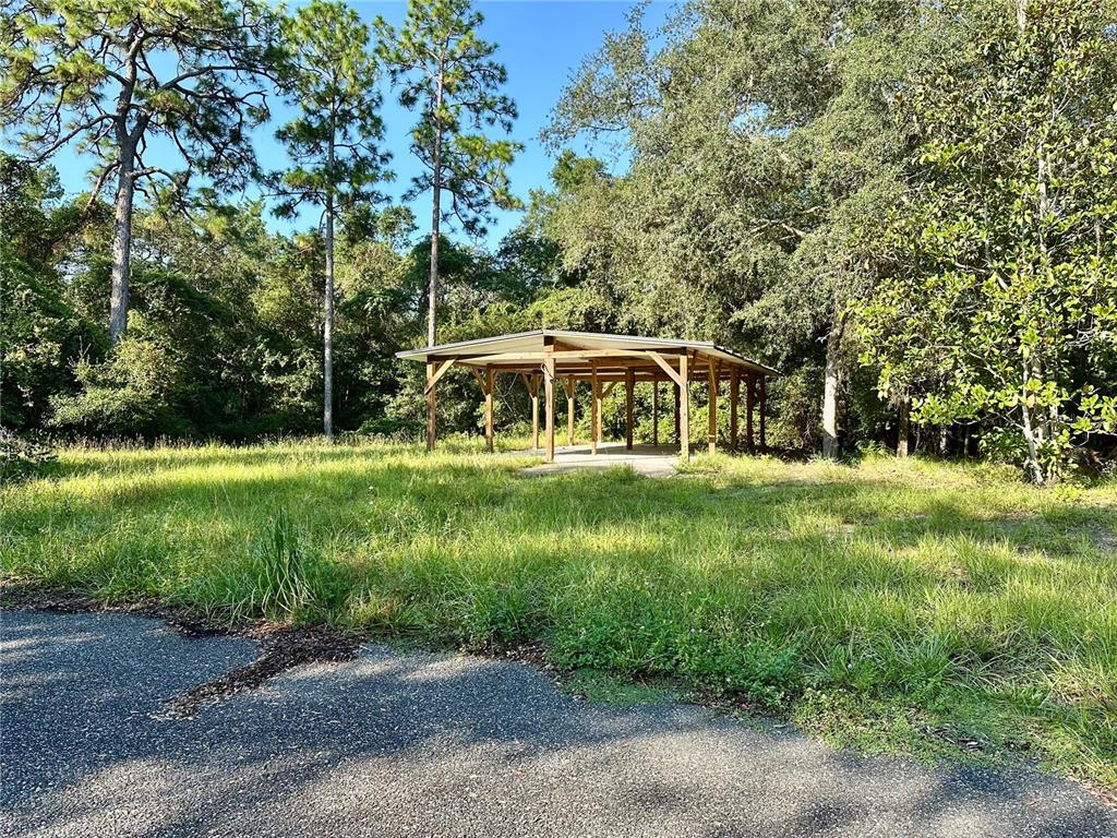 A wooden pavilion with a metal roof sits in a grassy lot surrounded by trees — 54750 COUNTY ROAD 445A, ASTOR, FL