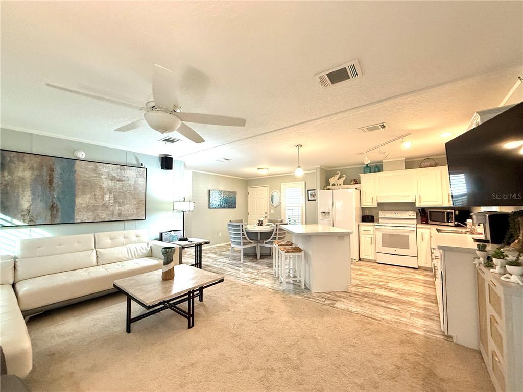 An open-concept living room and kitchen feature white cabinetry, a central island, and carpeted flooring — 124 E SAINT ANNES CIRCLE, APOLLO BEACH, FL
