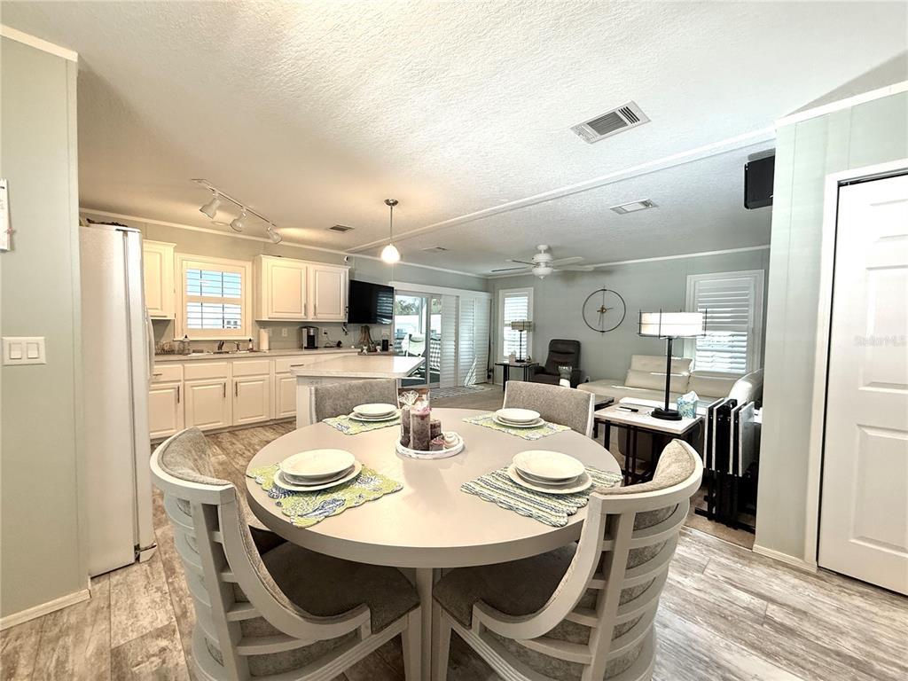 A dining area with a round table sits in front of an open-concept kitchen and living room — 124 E SAINT ANNES CIRCLE, APOLLO BEACH, FL