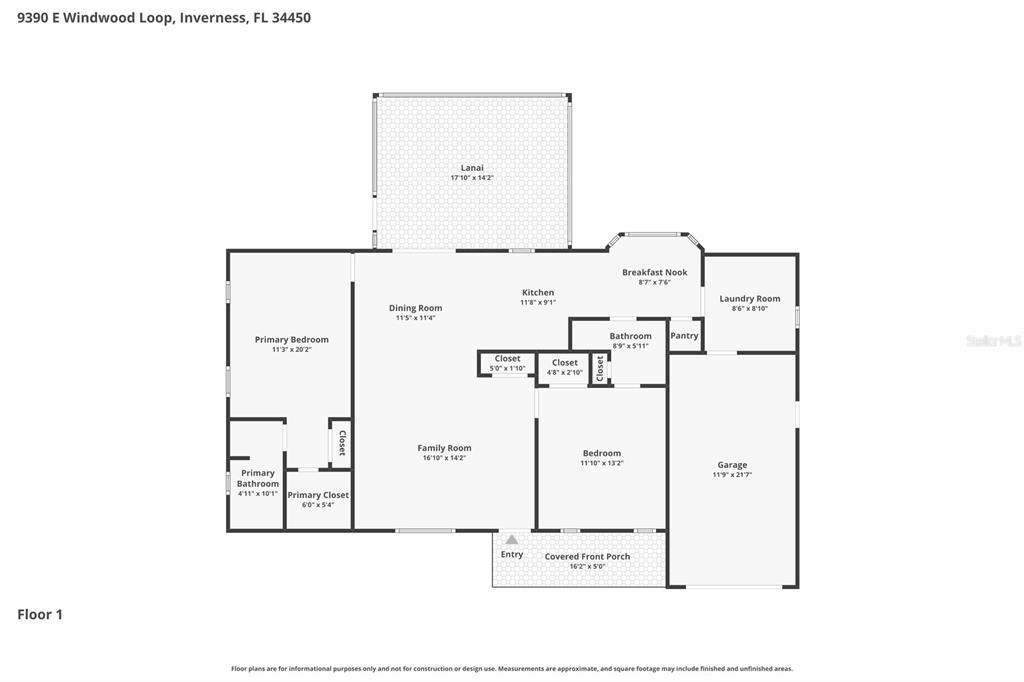 This is a floor plan for a single-story house with a garage and lanai — 9390 E WINDWOOD LOOP, INVERNESS, FL