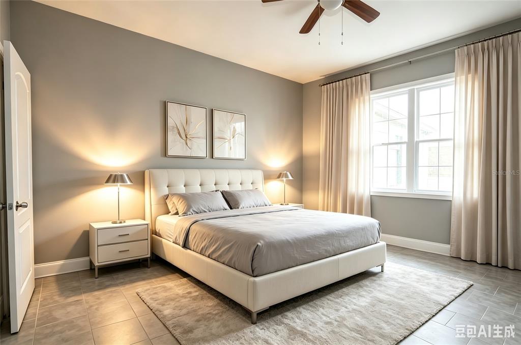 An empty room with gray walls, white trim, and gray tiled flooring — 12834 WOODBURY GLEN DRIVE, ORLANDO, FL