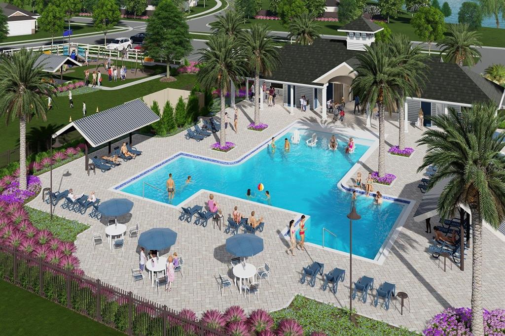 This is a rendering of a community swimming pool area with lounge chairs and umbrellas — 39 TEA OLIVE DRIVE, PALM COAST, FL