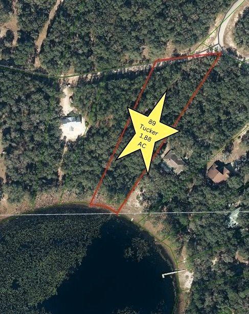 This is an aerial map showing a wooded lot with lakefront access outlined in red — 89 TUCKER LAKE ROAD, MELROSE, FL