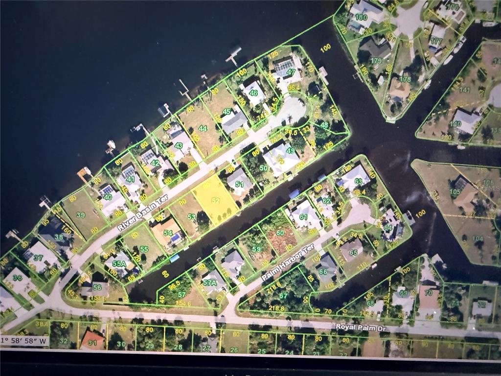 This is an aerial map showing residential lots and waterways in a waterfront neighborhood — 2036 RIVER BASIN TERRACE, PUNTA GORDA, FL