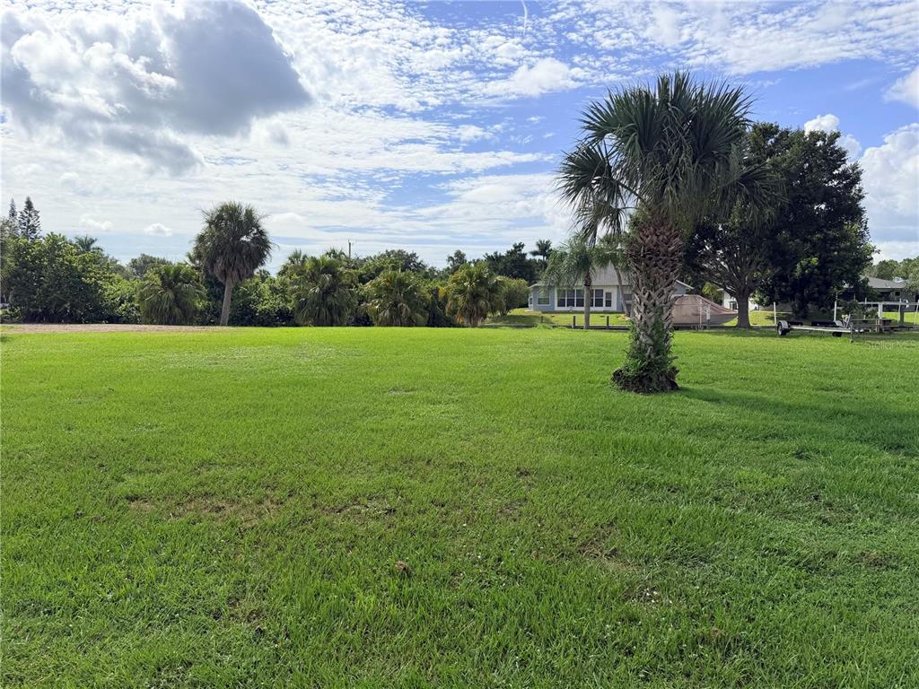 A large, grassy vacant lot features a prominent palm tree under a partly cloudy sky — 2036 RIVER BASIN TERRACE, PUNTA GORDA, FL
