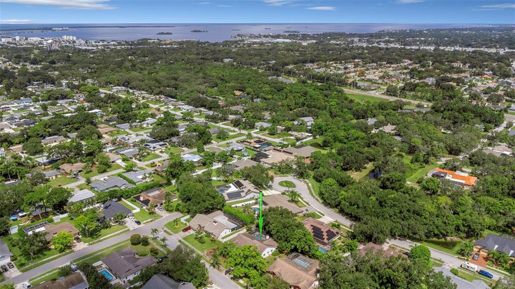 An aerial view of a suburban neighborhood featuring a house with a pool and green arrow — 1620 COUNTRY LANE, DUNEDIN, FL
