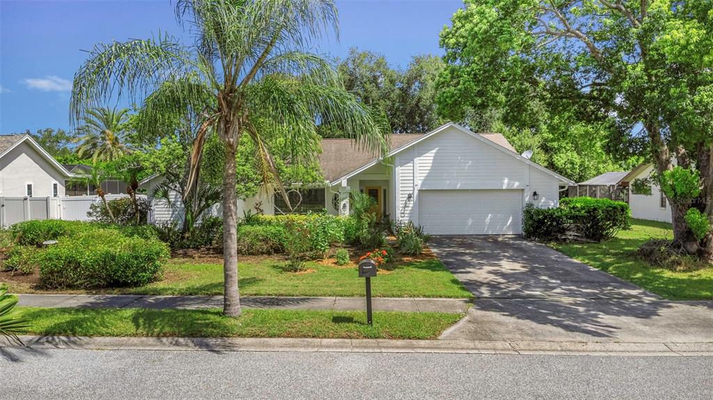 A single-story white house with a two-car garage, a palm tree, and a front lawn — 1620 COUNTRY LANE, DUNEDIN, FL