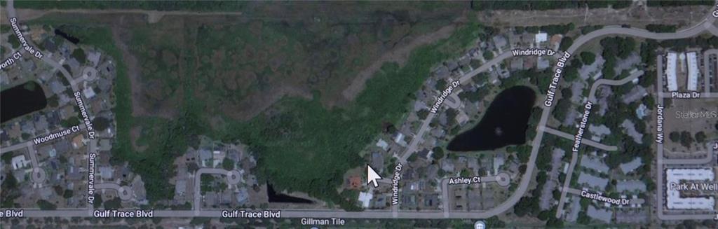 This is an aerial map view of a residential neighborhood with houses and a pond — NO ADDRESS ASSIGNED, HOLIDAY, FL