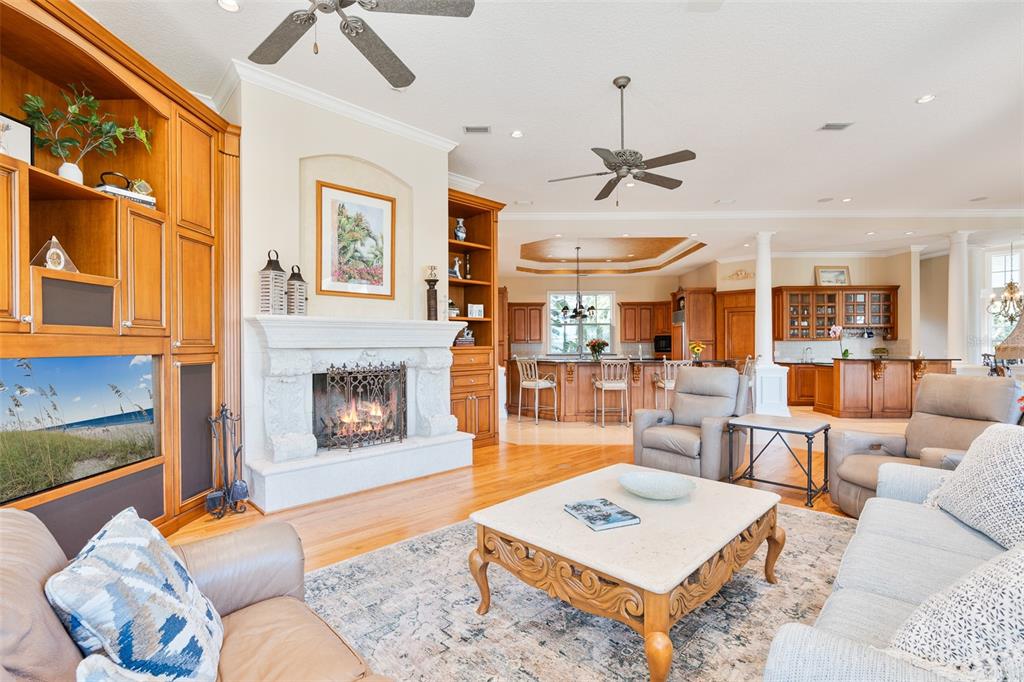 A living room with a stone fireplace, built-in cabinetry, and an open-concept kitchen beyond — 30215 REDTREE DRIVE, LEESBURG, FL