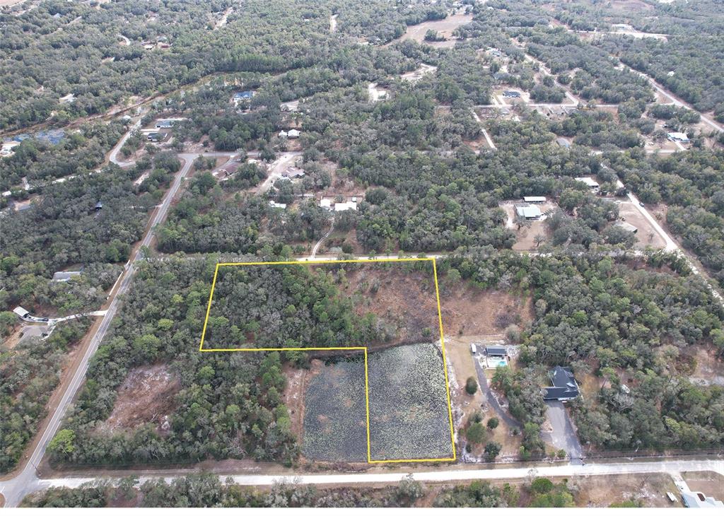 An aerial view shows a wooded lot with a pond outlined in yellow — BERRYHILL DRIVE, WEBSTER, FL