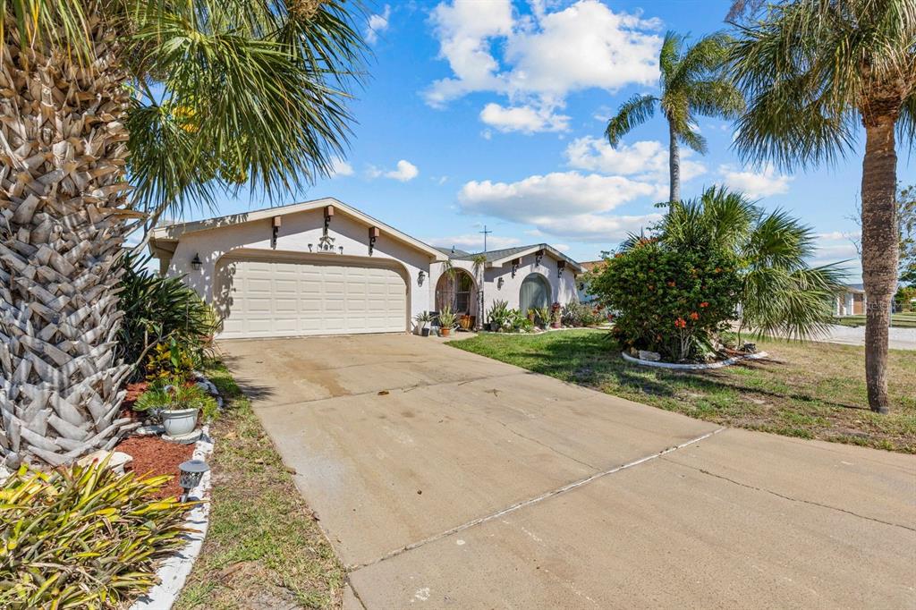 A single-story house with a two-car garage, a concrete driveway, and palm trees in front — 15639 BERTRAM DRIVE, HUDSON, FL