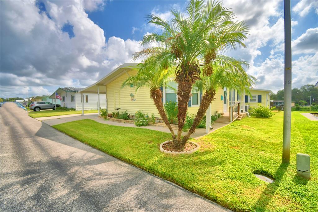 A yellow mobile home with a palm tree in the front yard and a carport — 2055 S FLORAL AVENUE UNIT 119, BARTOW, FL