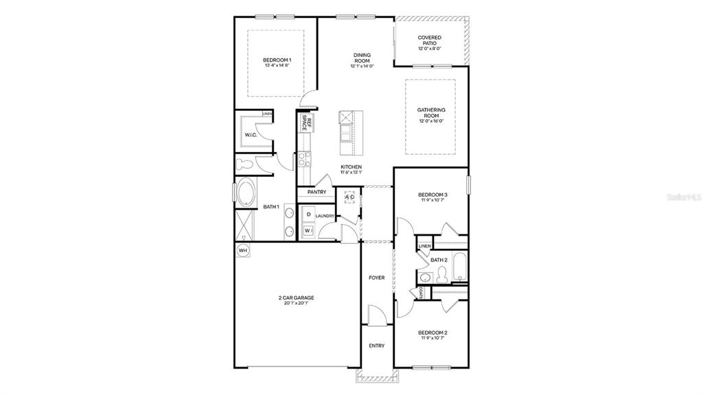 This is a floor plan for a single-story home with three bedrooms and a garage — 145 SPRINGWOOD DRIVE, PALM COAST, FL