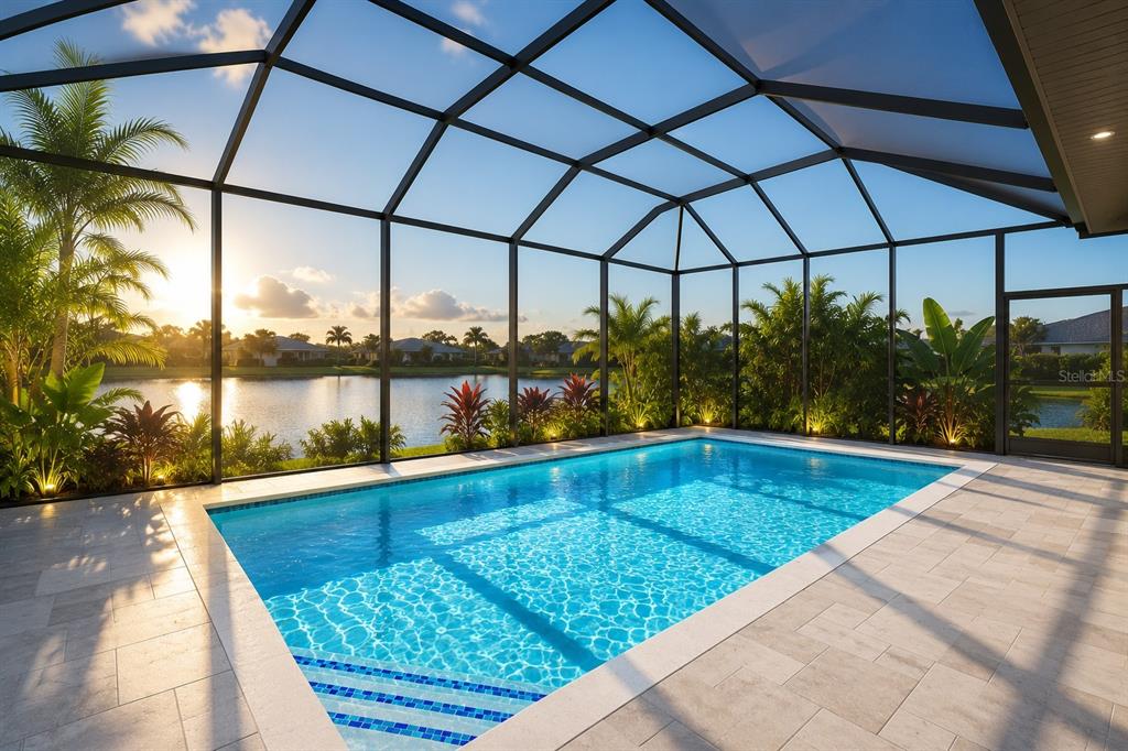 A screened-in swimming pool overlooks a lake at sunset with surrounding tropical landscaping — 5 MEDALIST CIRCLE, ROTONDA WEST, FL