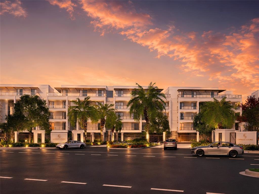 This is a rendering of a modern multi-story apartment building at sunset with palm trees — 10009 CRISBET COURT UNIT 402B, ORLANDO, FL