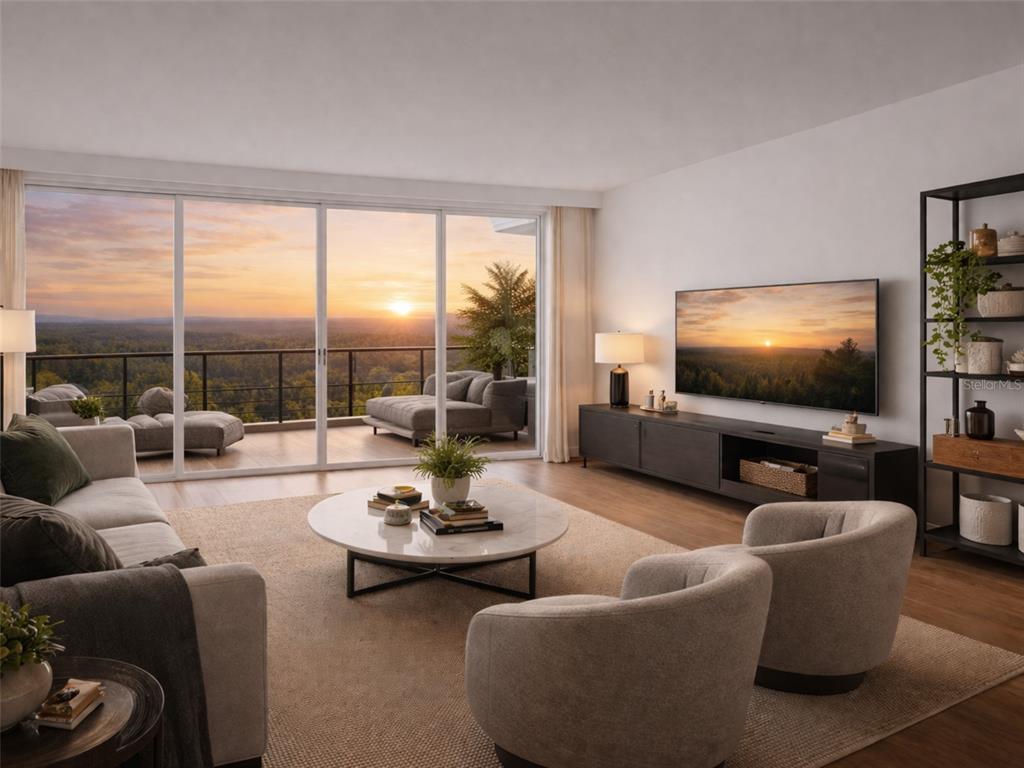 This is a rendering of a modern living room with floor-to-ceiling windows and balcony access — 10009 CRISBET COURT UNIT 402B, ORLANDO, FL