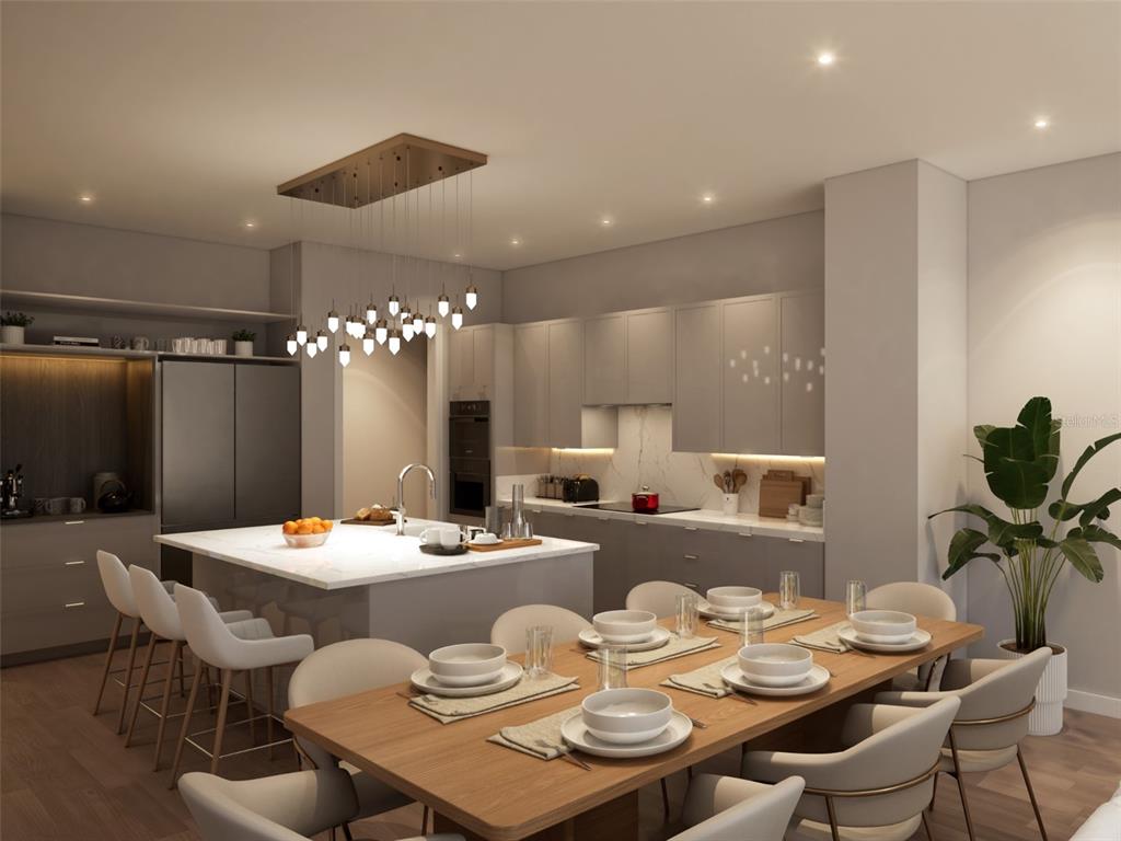 This rendering shows a modern kitchen and dining area with a large marble island — 10009 CRISBET COURT UNIT 402B, ORLANDO, FL