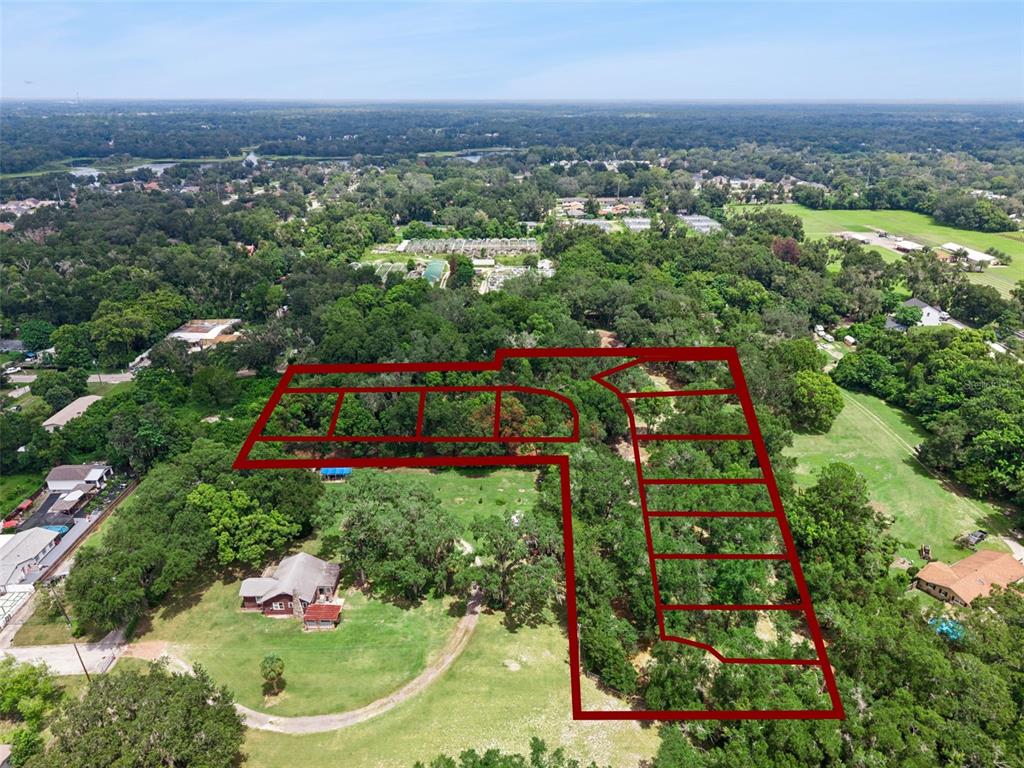 An aerial view shows a large, wooded plot of land outlined in red near a house — 860 E LISA LANE, APOPKA, FL