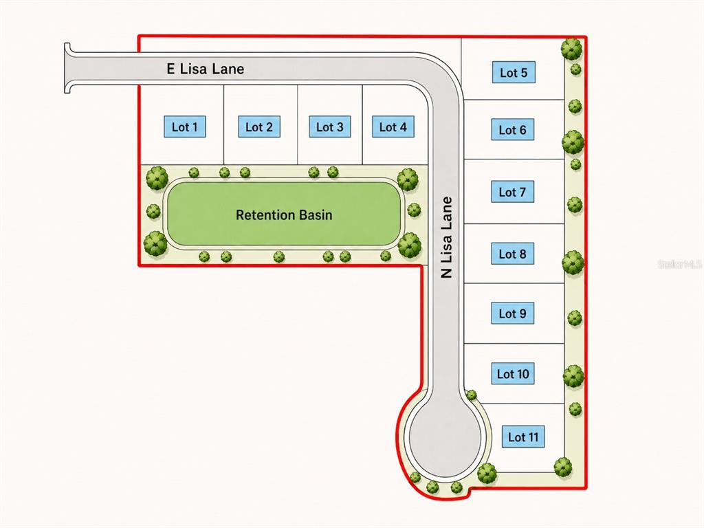 This is a site plan rendering showing eleven residential lots, a retention basin, and streets — 860 E LISA LANE, APOPKA, FL