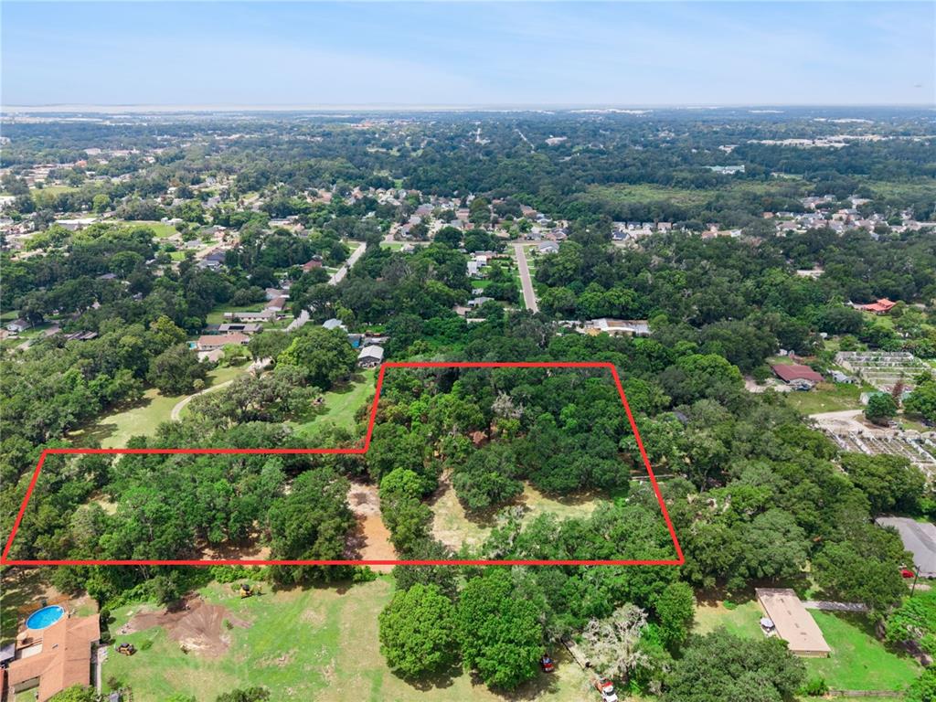 An aerial view shows a wooded plot of land outlined in red within a residential area — 860 E LISA LANE, APOPKA, FL