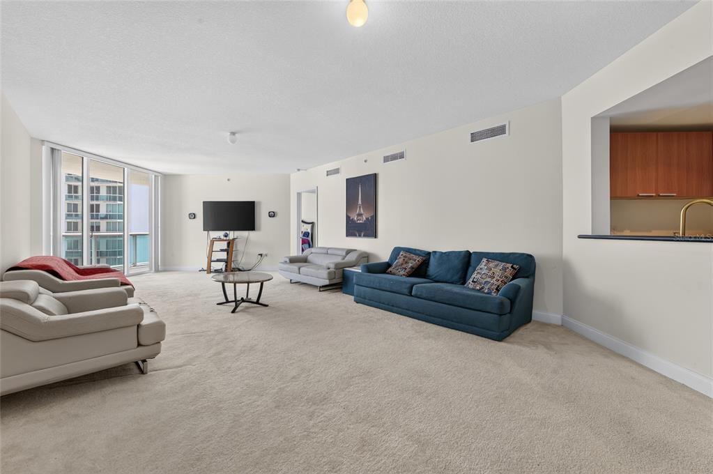 A spacious living room features beige carpeting, two sofas, a blue couch, and a television — 241 RIVERSIDE DRIVE UNIT 907, HOLLY HILL, FL