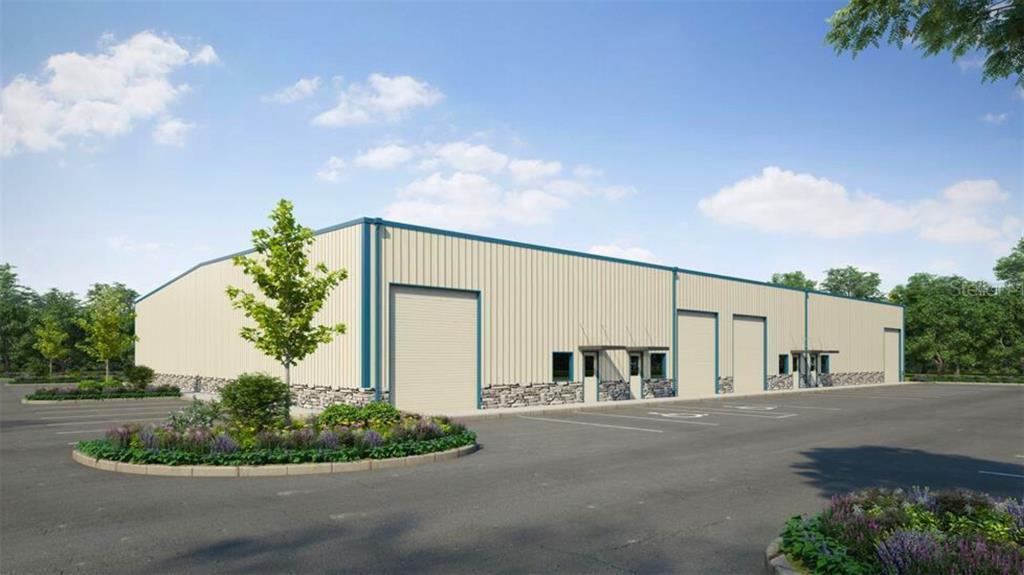 This is a digital rendering of a commercial warehouse building with a parking lot — 24 HARGROVE GRADE, PALM COAST, FL
