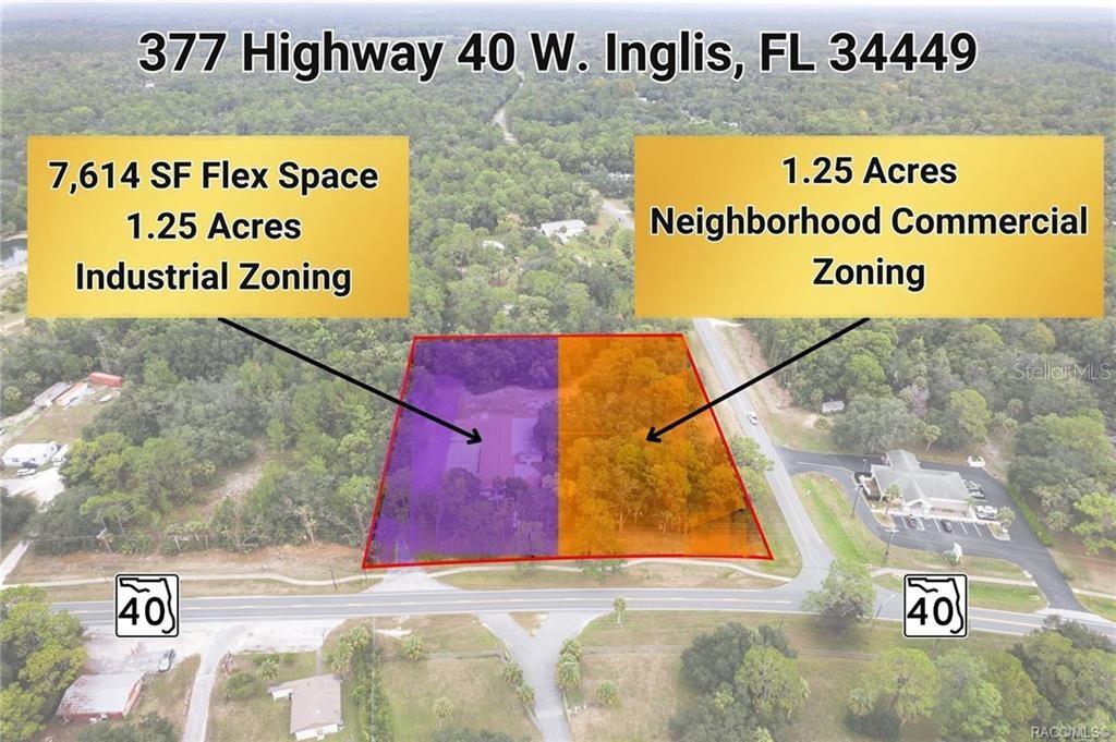An aerial view shows two adjacent parcels of land with a building and wooded areas — 377 HIGHWAY 40 W, INGLIS, FL
