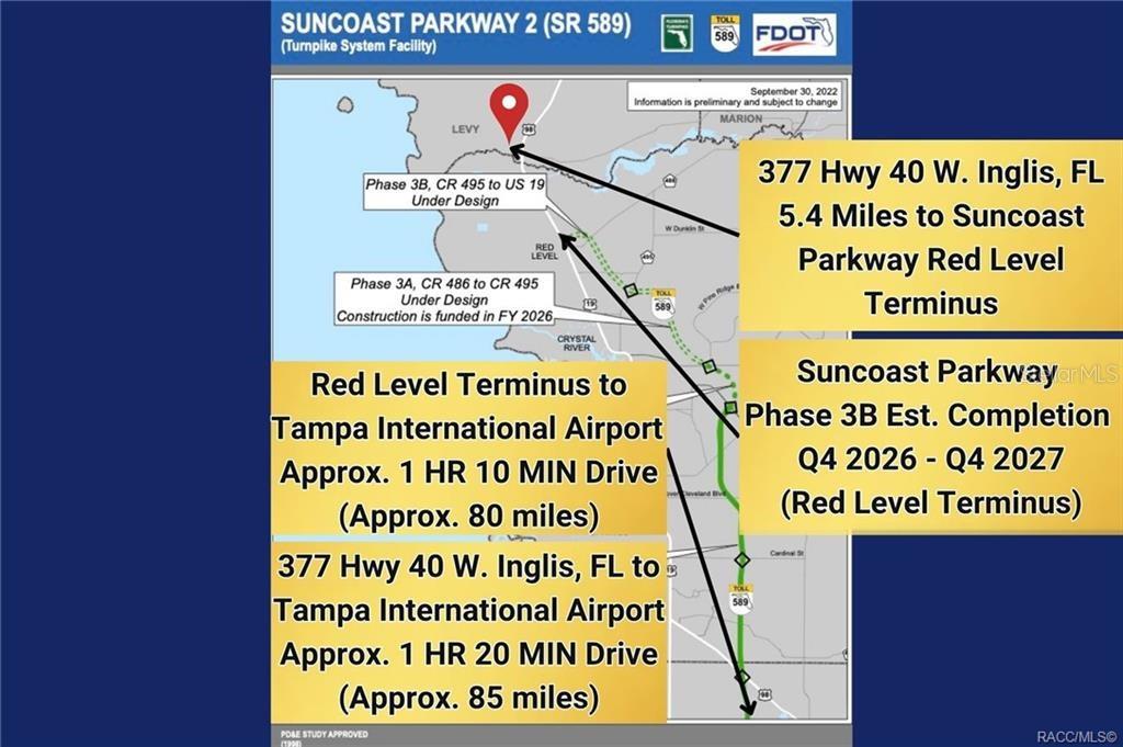 This map shows the Suncoast Parkway 2 extension project and travel times to Tampa — 377 HIGHWAY 40 W, INGLIS, FL