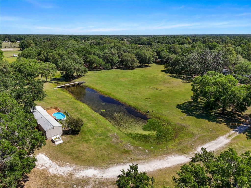 An aerial view shows a house with a pool, a pond, and a dirt driveway — 11902 CR 727, WEBSTER, FL