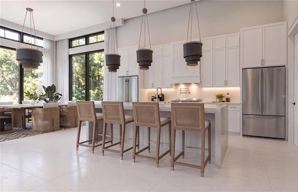 This is a rendering of a modern kitchen featuring white cabinetry, a large island, and pendant lighting — 4179 ROBERTS POINT CIRCLE, SARASOTA, FL