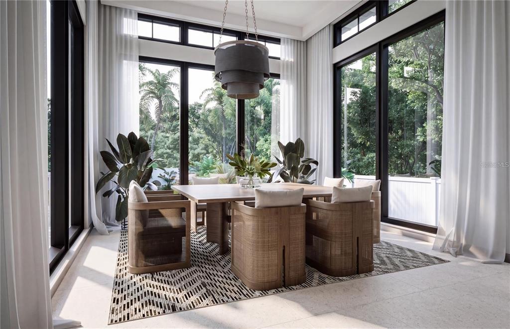 This rendering shows a dining room with large windows, woven chairs, and a modern chandelier — 4179 ROBERTS POINT CIRCLE, SARASOTA, FL