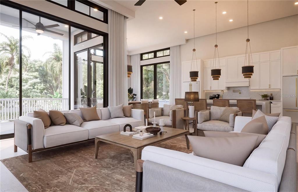 This is a rendering of a modern open-concept living room and kitchen with neutral furniture — 4179 ROBERTS POINT CIRCLE, SARASOTA, FL