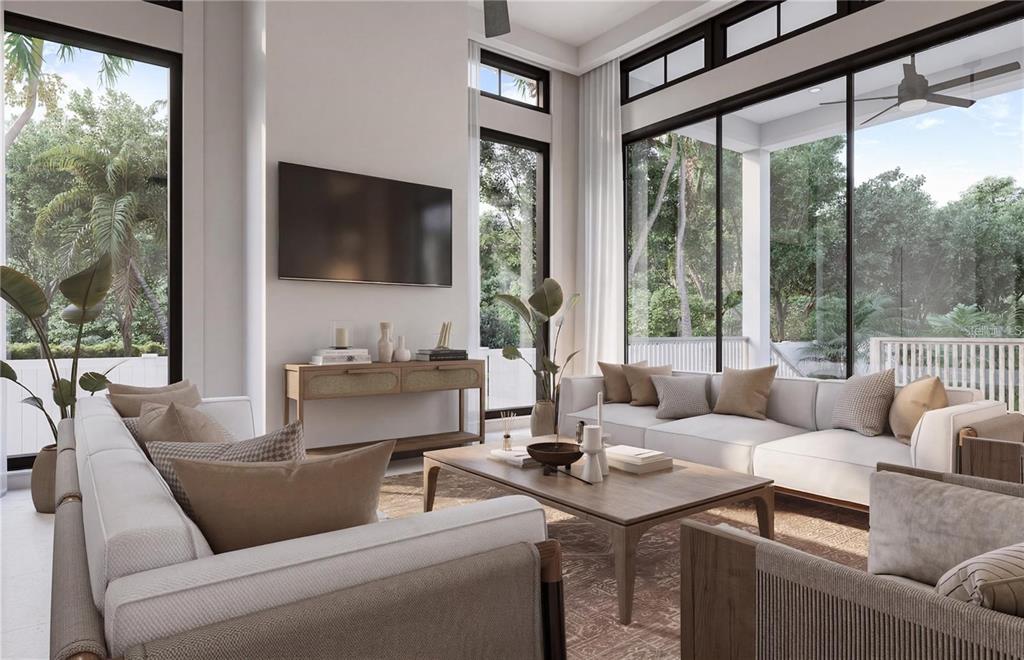 This is a rendering of a modern living room with large windows and neutral furniture — 4179 ROBERTS POINT CIRCLE, SARASOTA, FL