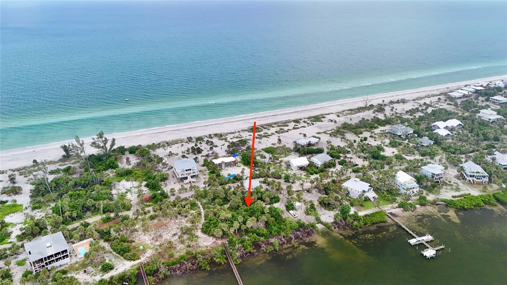 An aerial view shows a coastal lot with dense vegetation situated between the ocean and bay — 9144 CARTER ST, PLACIDA, FL