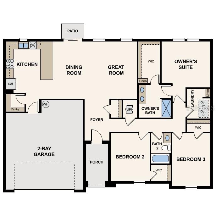 This floor plan shows a three-bedroom home with a two-bay garage and rear patio — 704 OAK HAMMOCK WAY, AVON PARK, FL