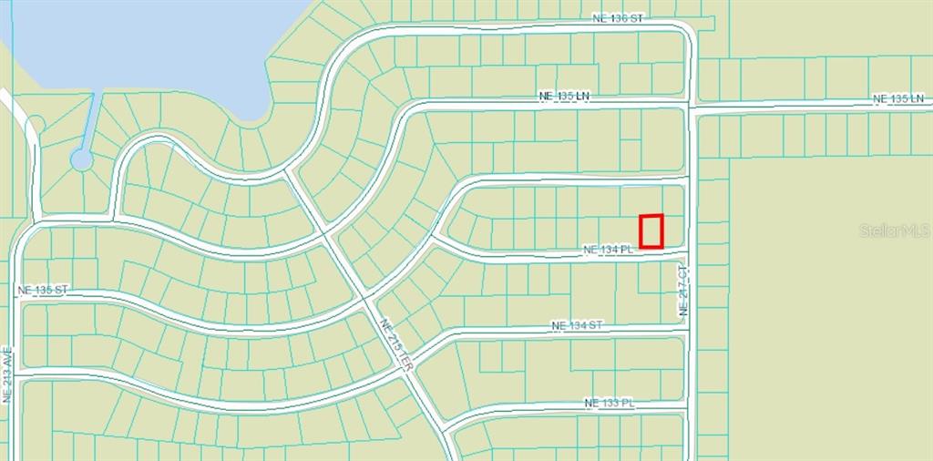 This is a map showing a highlighted parcel of land within a residential neighborhood — NE 134 PL, SALT SPRINGS, FL