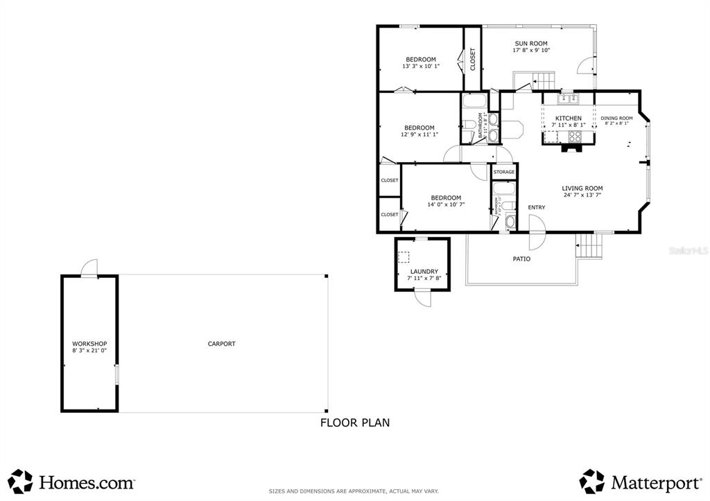 This is a floor plan showing a house with three bedrooms, a workshop, and a carport — 569 CR 486, LAKE PANASOFFKEE, FL