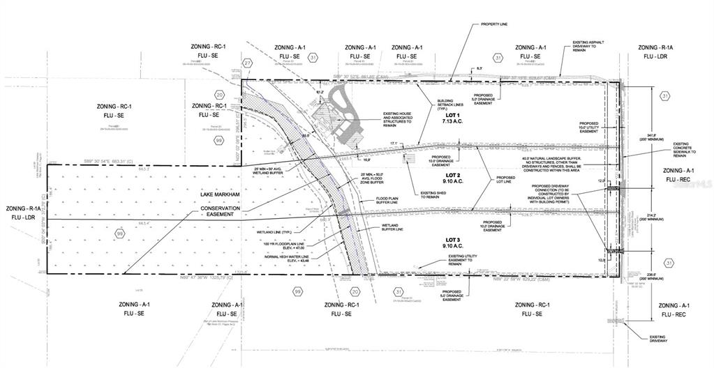 This is a land survey map showing proposed lot divisions and easements for a property — LAKE MARKHAM ROAD, SANFORD, FL