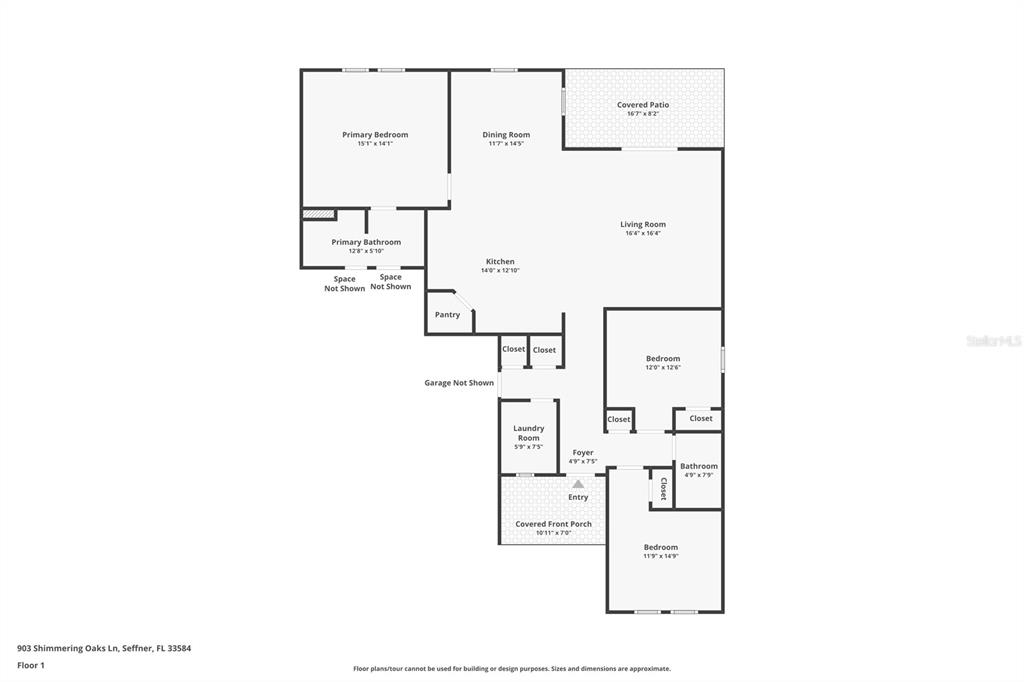 This is a floor plan showing the layout of a single-story residential home — 903 SHIMMERING OAKS LANE, SEFFNER, FL