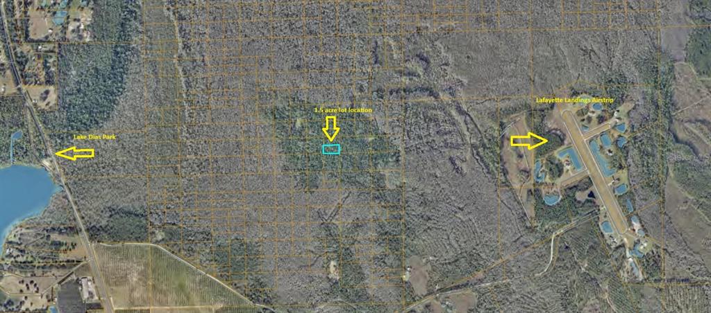 An aerial map shows a 1.5-acre lot located between Lake Dias Park and Lafayette Landings Airstrip — UNIMPROVED, DE LEON SPRINGS, FL