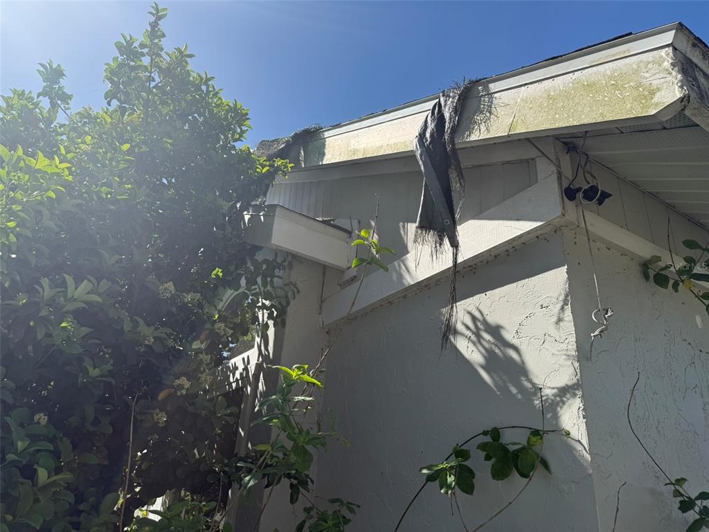 A low-angle exterior view shows a house corner with a damaged roof tarp and vegetation — 7606 37TH STREET CIRCLE E, SARASOTA, FL