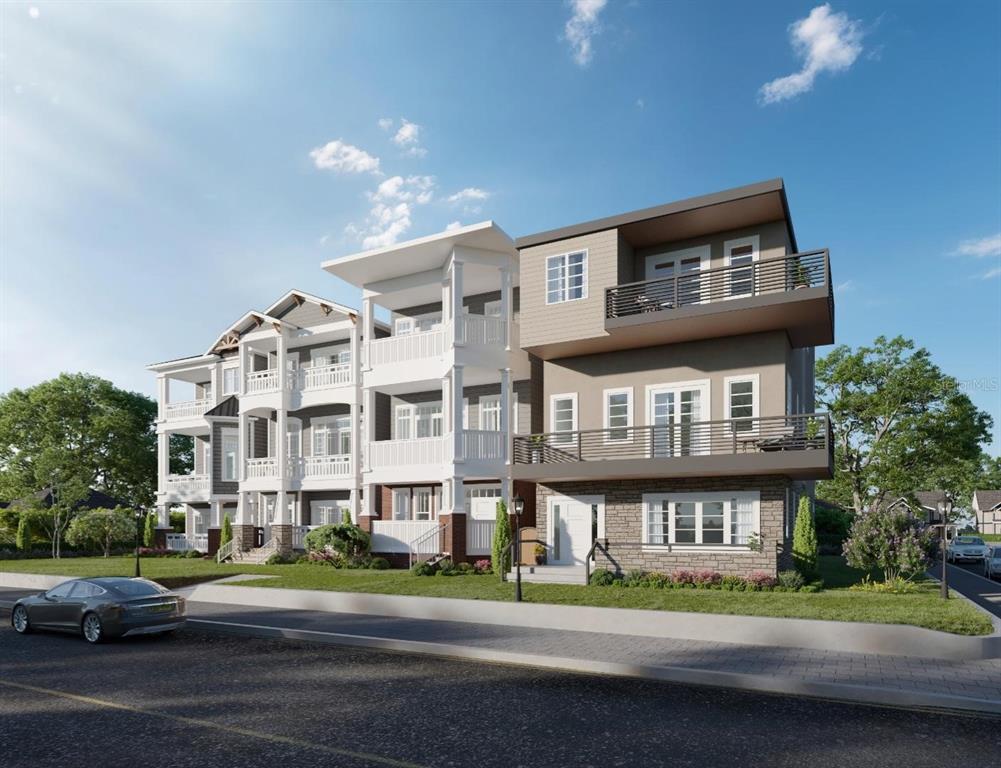This is a digital rendering of a multi-story residential building with balconies and stone accents — 26 LAKE HOLLINGSWORTH DRIVE, LAKELAND, FL
