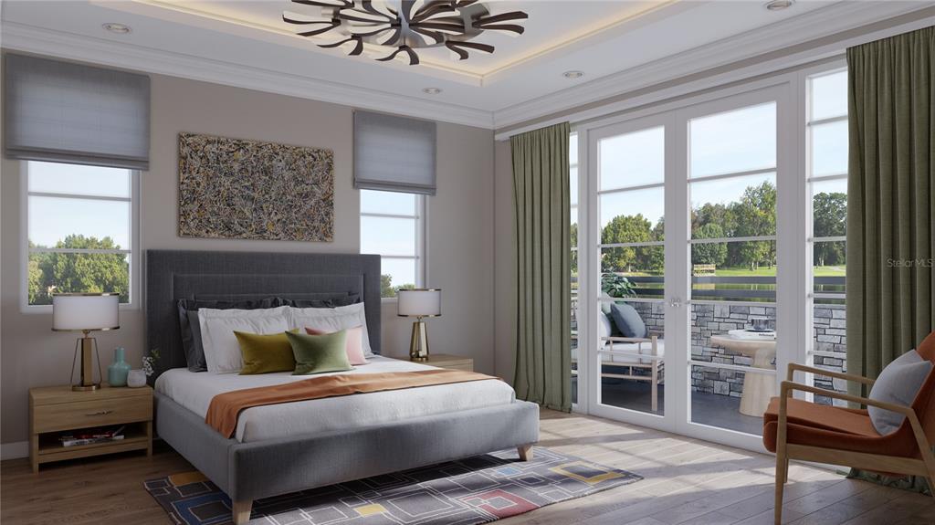 This rendering shows a bedroom with a gray upholstered bed, balcony access, and modern decor — 26 LAKE HOLLINGSWORTH DRIVE, LAKELAND, FL