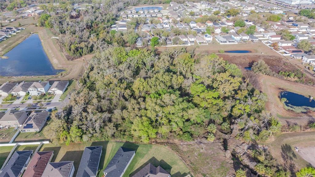 An aerial view shows a wooded lot surrounded by residential houses and retention ponds — MIRACLE MILE, RIVERVIEW, FL