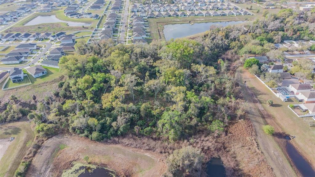 An aerial view shows a wooded lot surrounded by suburban homes and retention ponds — MIRACLE MILE, RIVERVIEW, FL