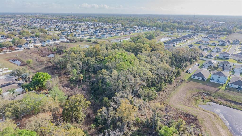 An aerial view shows a wooded lot surrounded by suburban residential houses and retention ponds — MIRACLE MILE, RIVERVIEW, FL