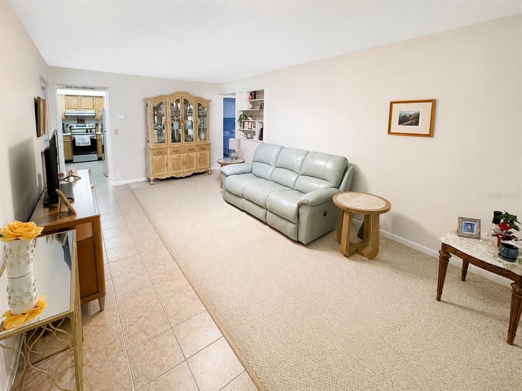 A living room features a light blue sofa, beige carpeting, tile flooring, and a china cabinet — 1131 ORANGE TREE CIRCLE W UNIT C, PALM HARBOR, FL