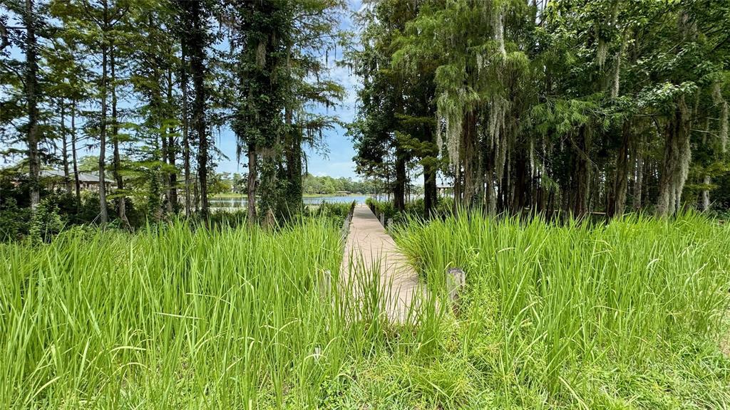 A wooden walkway leads through tall green grass toward a lake surrounded by cypress trees — 14125 DEEP LAKE DRIVE, ORLANDO, FL