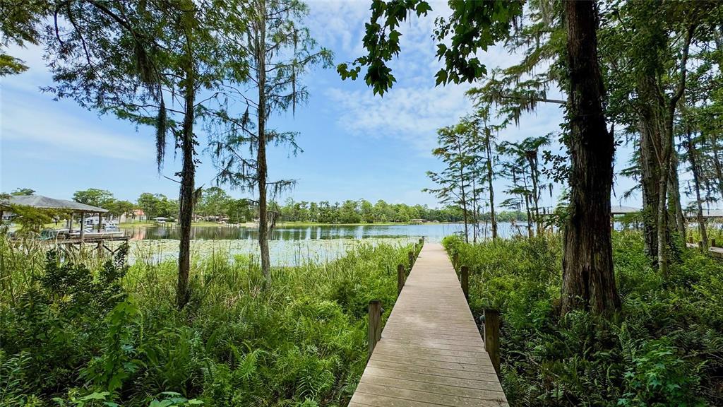 A wooden boardwalk leads through lush vegetation toward a lake with a boat dock — 14125 DEEP LAKE DRIVE, ORLANDO, FL